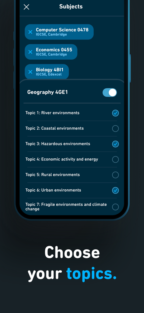 Revu - Scroll & Study - Eine mobile Oberfläche zur Auswahl spezifischer Lernthemen für IGCSE- und A-Level-Fächer wie Geografie und Biologie.