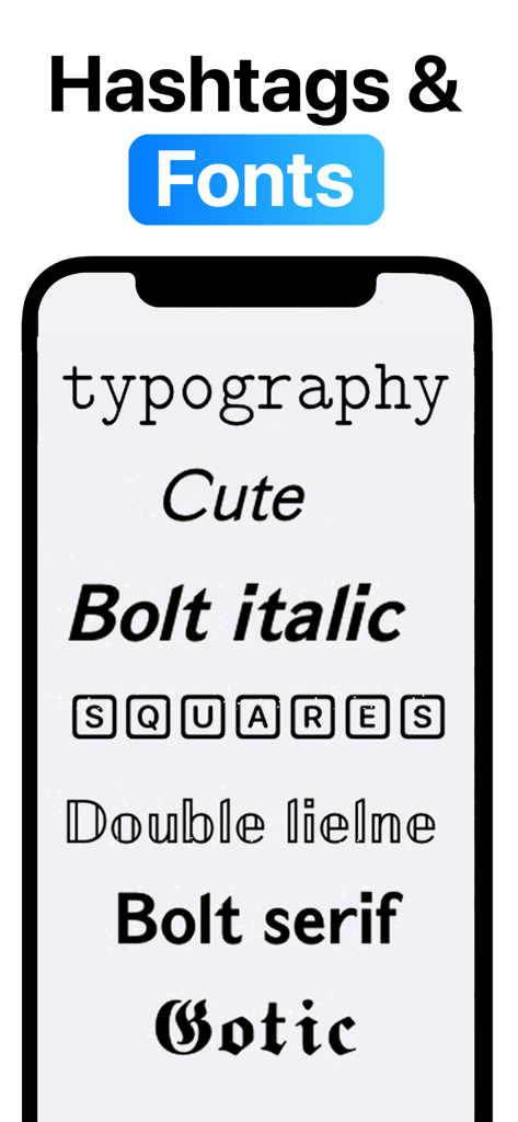 Feed Planner: Preview Posts - A mobile screen showing various trendy font styles including italic, serif, and gothic for social media posts.