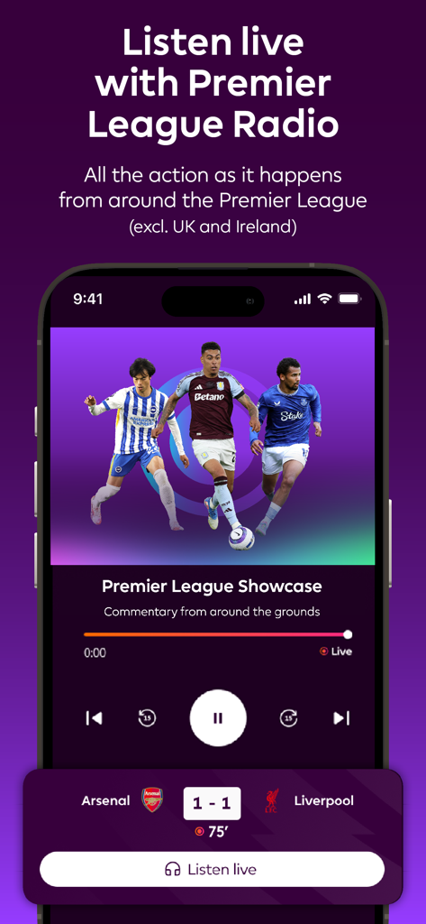 Interface of the Premier League app showing the live radio commentary feature with an audio player.