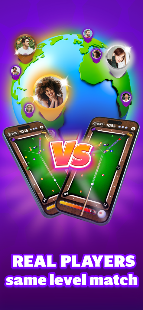 Pool - Win Cash - Two mobile phones showing a competitive pool match between real players with a global matchmaking background