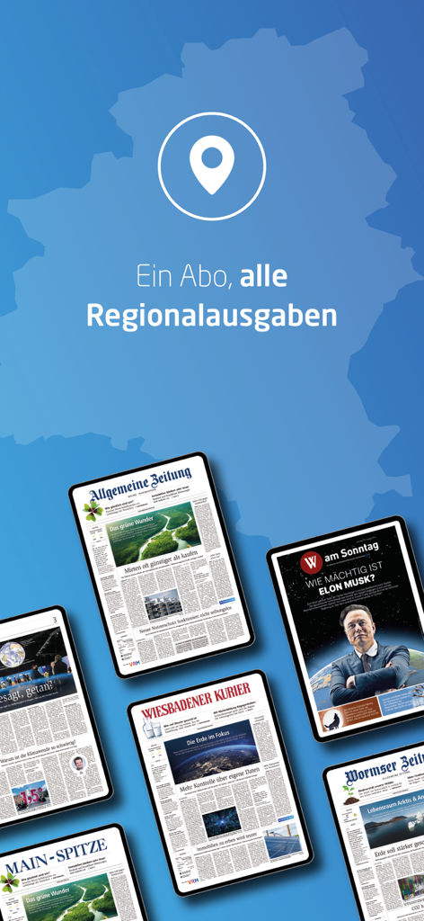 Écrans de tablette affichant diverses éditions de journaux régionaux allemands comme l'Allgemeine Zeitung et le Wiesbadener Kurier.