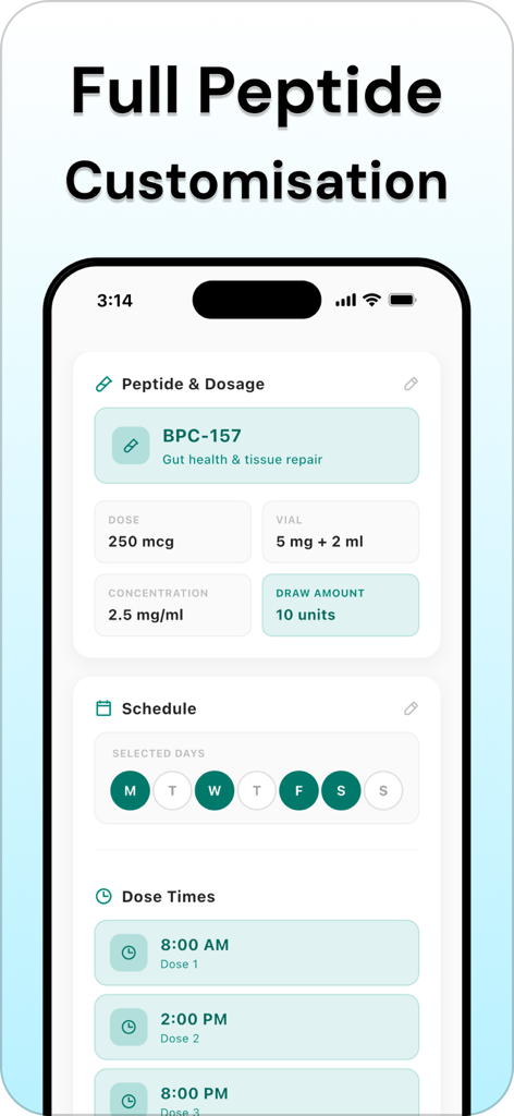 PepSync app screen displaying peptide dosage details and injection schedule for BPC 157