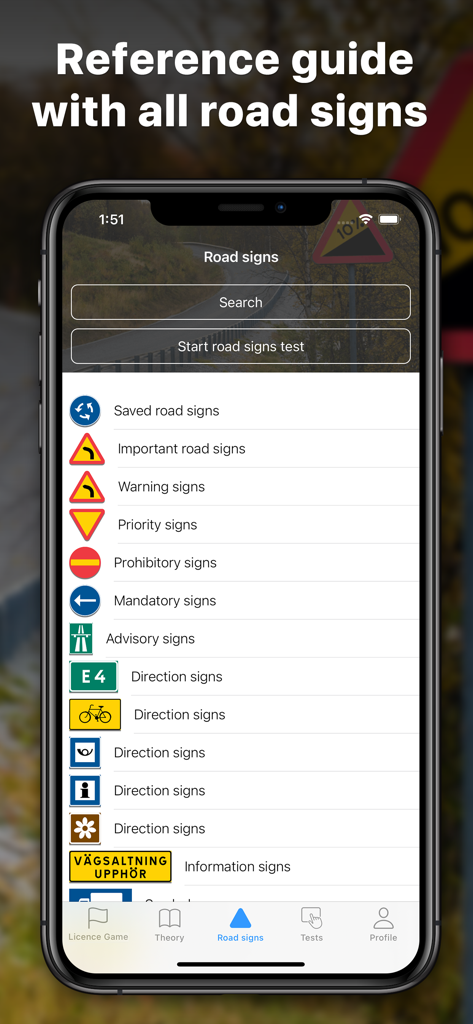 iKörkort - iKörkort mobile app screen showing the Swedish road signs reference guide categories.
