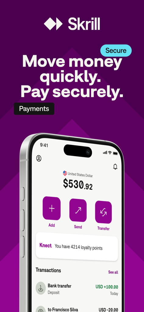 Tableau de bord de l'application Skrill sur smartphone affichant le solde du portefeuille et les fonctionnalités de paiement