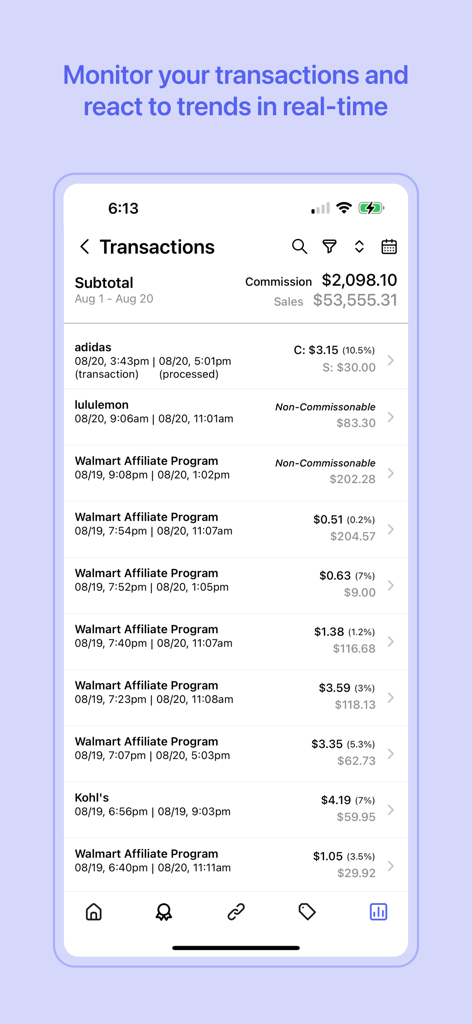 Mavely - Influencer Rewards - Captura de pantalla de la aplicación Mavely que muestra el seguimiento de transacciones en tiempo real y las ganancias de comisiones de los influencers.