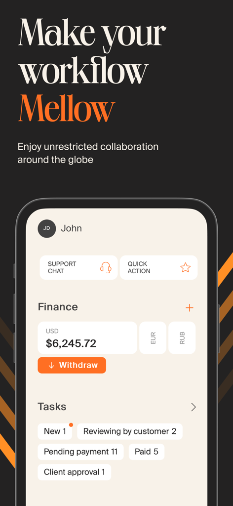 Mellow app screen showing a freelancer finance dashboard with task status and balance