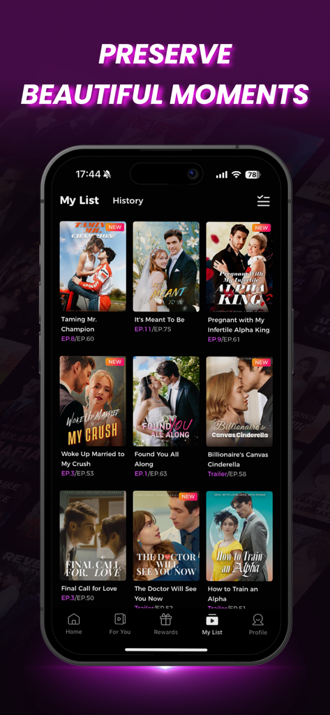 MiniShorts - Screenshot der MiniShorts App, der eine personalisierte Liste von kurzen romantischen und dramatischen Serien auf einem Smartphone zeigt.