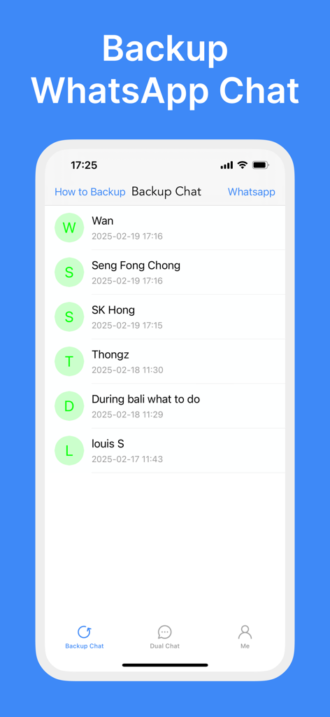 Recover Deleted Messages® - Interface of the app showing a list of backed up WhatsApp chats with timestamps and contact names