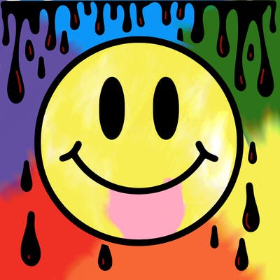 smiley face with drippy black and white background