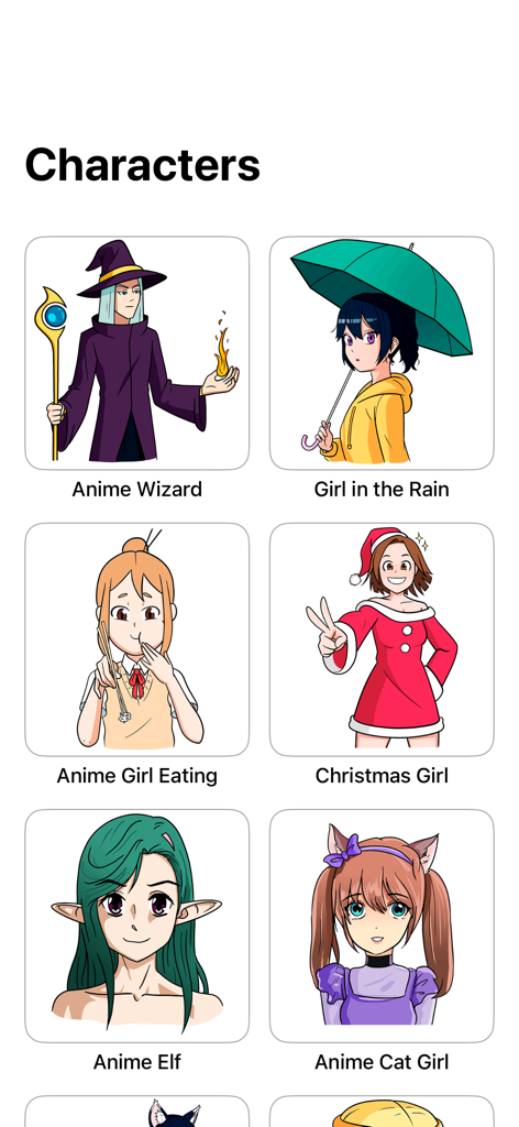 How to Draw Anime Easy - Ein Menü mit verschiedenen Anime-Charakterreferenzen, darunter ein Zauberer, eine Elfe und ein Katzenmädchen