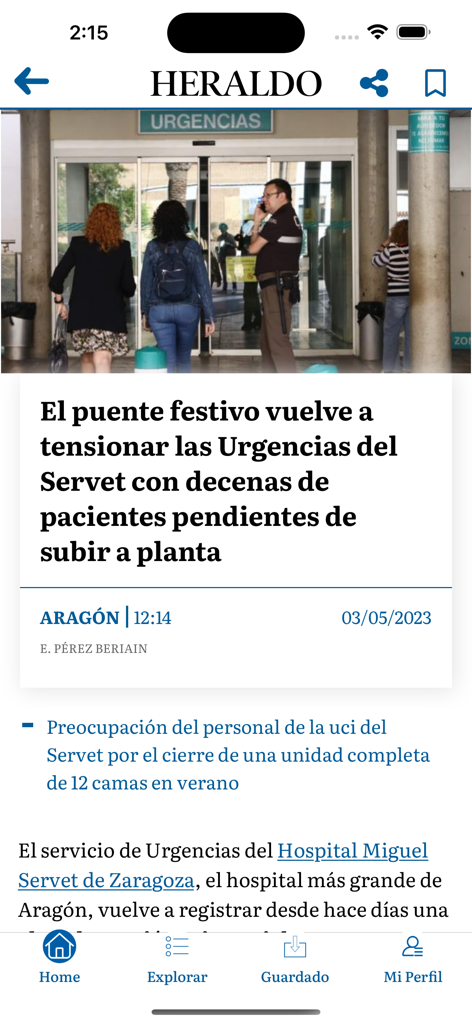 Interface de l'application mobile Heraldo de Aragon affichant un article de presse locale sur les urgences hospitalières à Saragosse