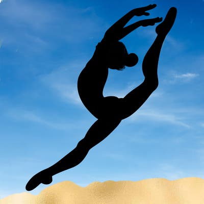 gymnast doing a leap in a leotard with a bent back leg