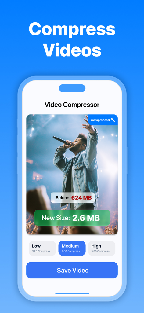 CleanX: Photo Storage Cleaner - Pantalla de la aplicación CleanX que muestra la compresión de video de 624 MB a 2.6 MB con configuraciones baja, media y alta