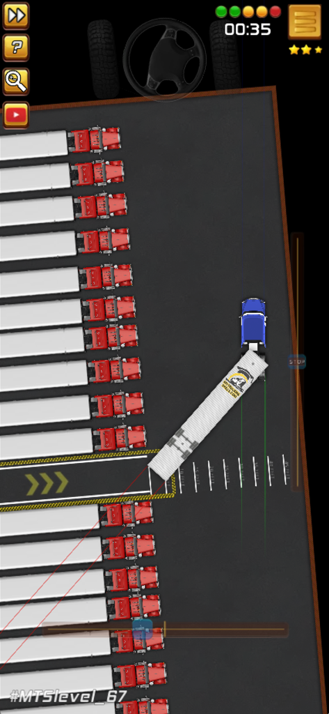My U.S. Trucking Skills - Top-down view of a blue semi-truck backing into a parking space in a truck parking simulator