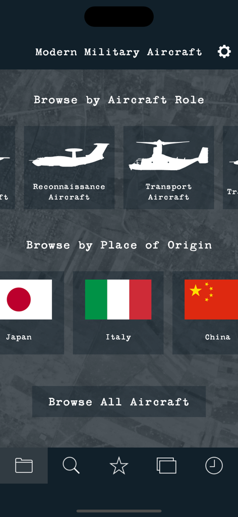 Modern Military Aircraft app interface showing options to browse aircraft by role or place of origin.