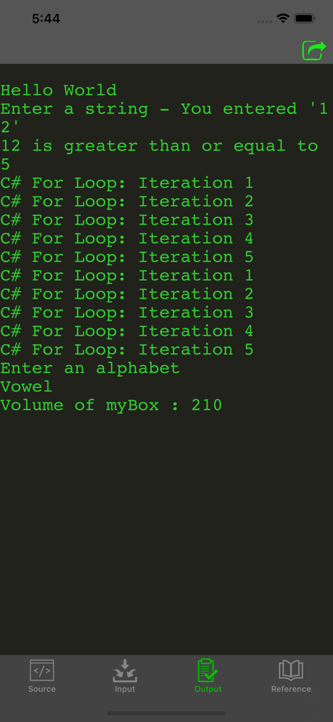 C Sharp programming compiler app displaying console output in green text on a dark theme