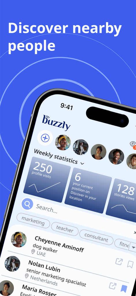 Buzzly: Find Nearby People - Interface of Buzzly app showing nearby people profiles and social networking statistics