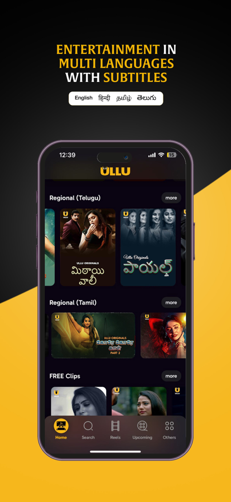 ULLU - Interface do aplicativo ULLU exibindo filmes e séries da web em várias línguas regionais indianas, incluindo hindi, tâmil e telugu