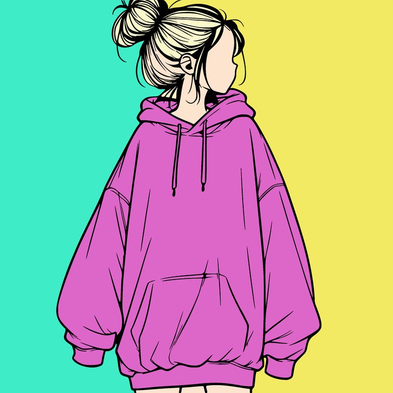 realistic girl with a oversized sweatshirt on and a bun