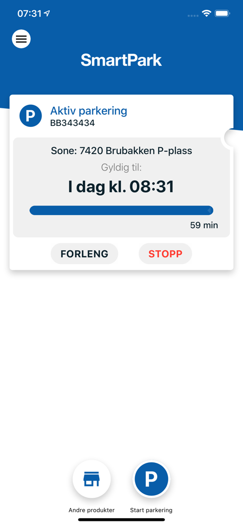 Interface de l'application SmartPark affichant une session de stationnement active avec le temps restant et des boutons pour prolonger ou arrêter