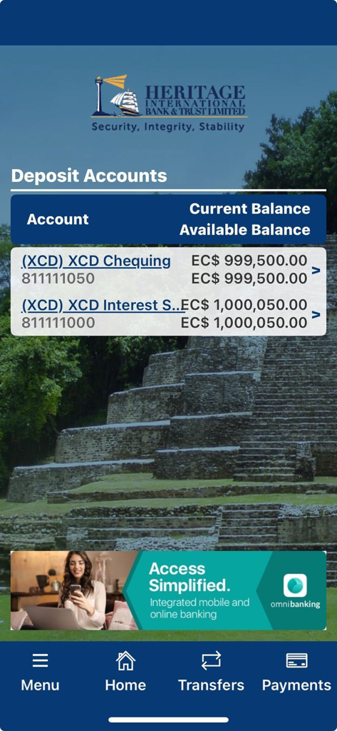 Heritage Intl. Bank Ltd - Heritage International Bank mobile app showing deposit account balances for checking and savings accounts