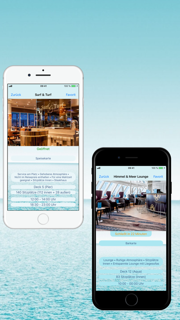 Screenshots of the Mein Schiff 6 Bordfinder app displaying restaurant and lounge details on two iPhones.