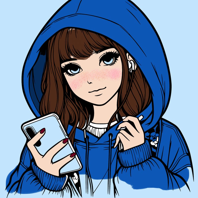 realistic girl with oversized hood and holding a phone