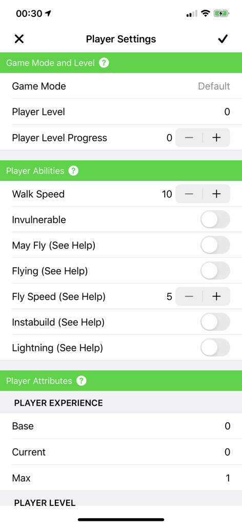 Plug Toolbox for Minecraft - A screenshot of the Player Settings interface in the Plug Toolbox for Minecraft app showing options to edit game mode player abilities and attributes