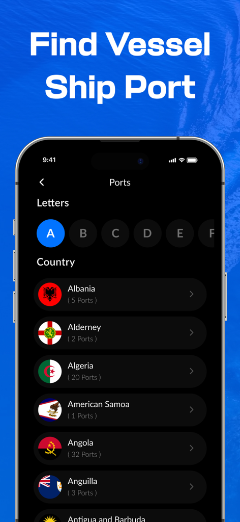 Pantalla de la aplicación Vessel Finder que muestra una lista de puertos internacionales ordenados por país