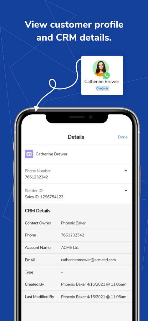 Una interfaz móvil que muestra información detallada del CRM del cliente, incluido el nombre de contacto y los detalles de la cuenta.