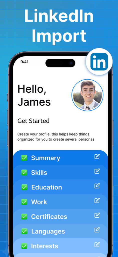 Resume Builder & CV Maker AI - Mobile App-Oberfläche, die die LinkedIn-Datenimportfunktion zur Erstellung eines professionellen Profils in der Resume Builder und CV Maker AI App zeigt