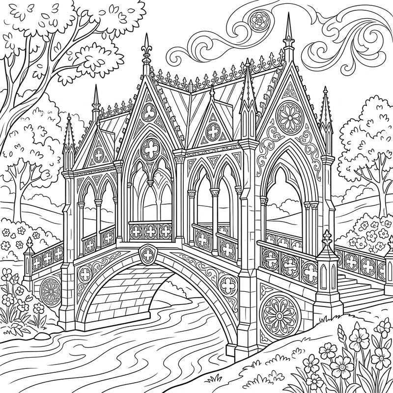 Explore a captivating blend of architectural grandeur and natural beauty with this Gothic bridge coloring page. Its intricate details and summer setting offer a unique and relaxing artistic challenge.