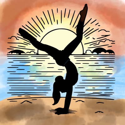 girl doing handstand infront of a sunset