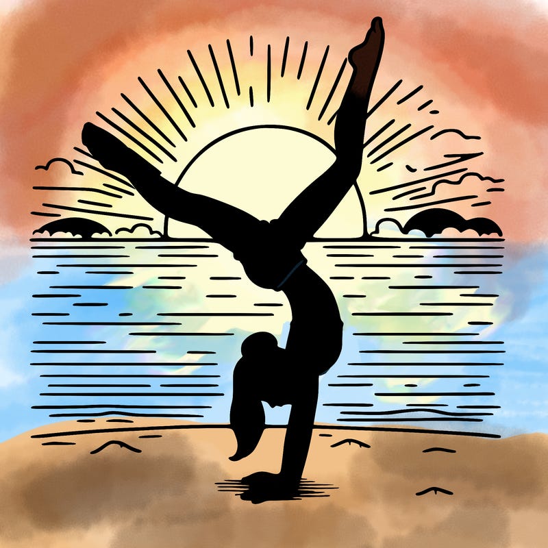 girl doing handstand infront of a sunset