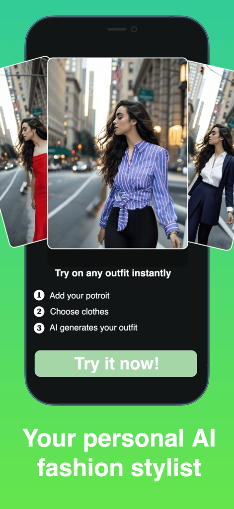 Interface de aplicativo móvel mostrando recursos de experimentação virtual de roupas por IA e uma ferramenta de estilista de moda pessoal