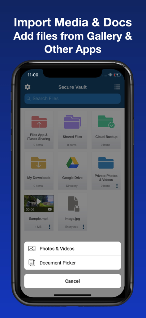 Vault : Lock Photos & Videos - Interface of the Vault app showing options to import photos videos and documents from gallery or cloud storage