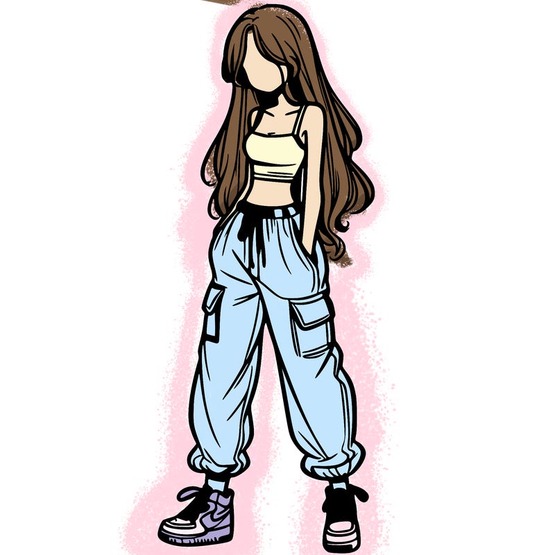 girl in baggy pants crop top and long hair