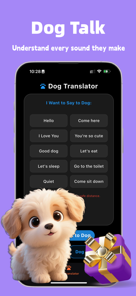 Pettaa app screen showing the Dog Translator interface with phrase buttons and a cute puppy