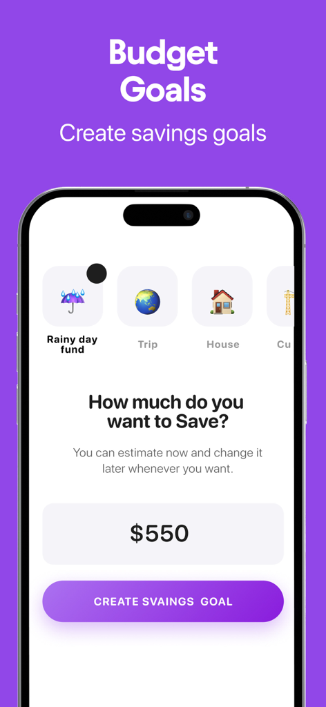 Buddy: Budget Planner App - Una interfaz móvil de la aplicación Buddy que muestra la pantalla de creación de objetivos de ahorro con opciones para un fondo de emergencia, viaje y casa