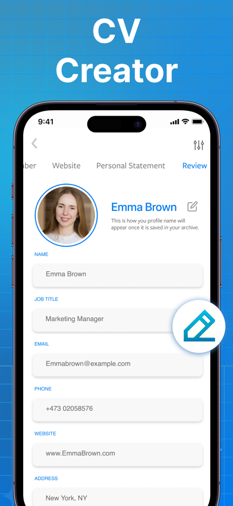 Resume Builder & CV Maker AI - Überprüfungsbildschirm der Resume Builder App, der ein Benutzerprofil für einen Marketing Manager mit Kontaktinformationsfeldern zeigt