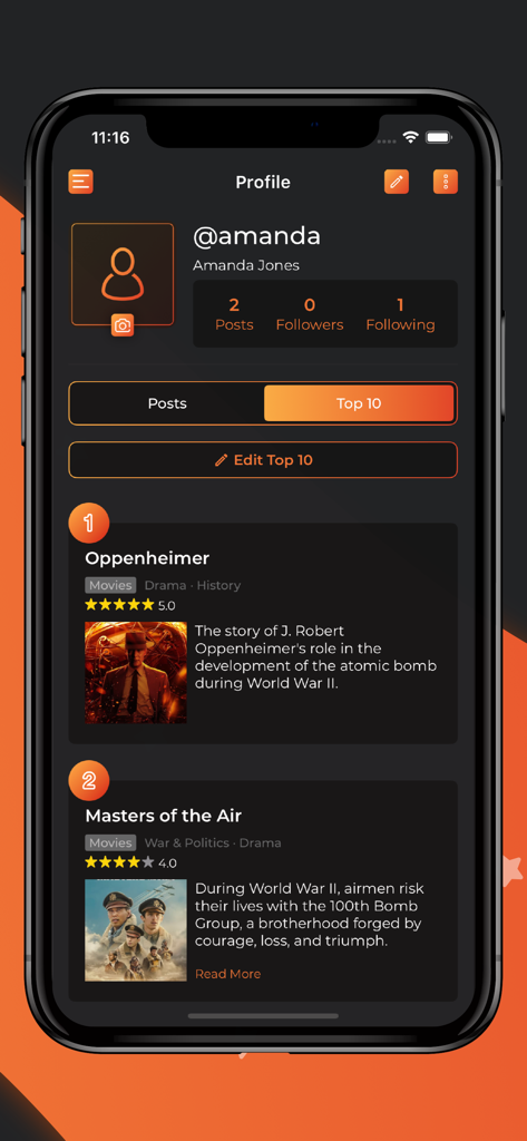 FlikPix- Find Gr8 movies fast - Tela de perfil de usuário do FlikPix mostrando uma lista curada dos 10 melhores filmes, incluindo Oppenheimer e Masters of the Air