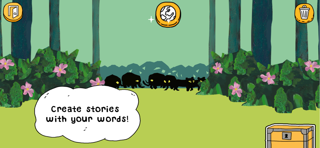 Puppet theater scene in the Play ABC Alfie Atkins app where children create stories with learned words