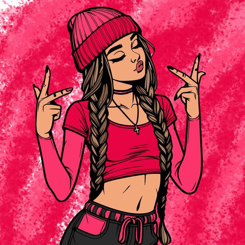 realistic teenage girl with braids and a beanie and crop top doing 🫶🏼
