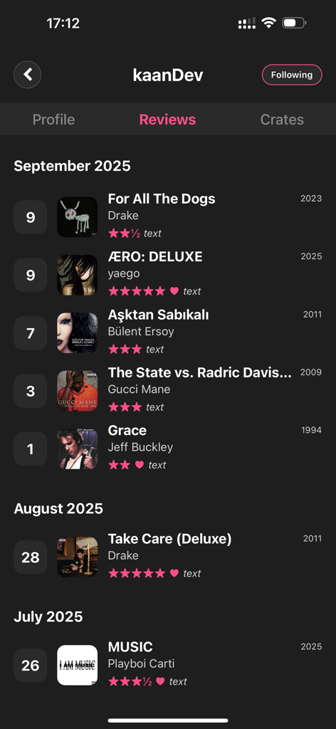 A chronological list of music album reviews and star ratings on a user profile in the Crate app.