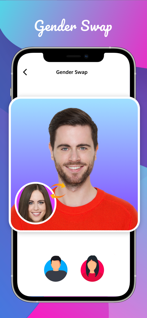 AI gender swap filter showing a man transformed into a woman within the app interface