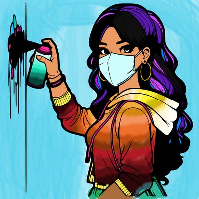 realistic girl with mask spray painting a wall