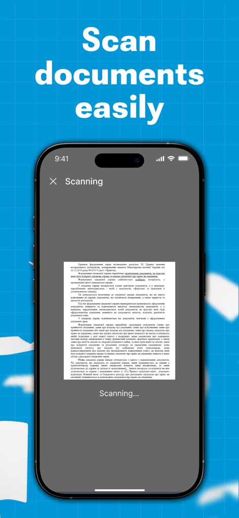 A smartphone interface displaying the document scanning feature of the Printer Pro app with the text Scan documents easily