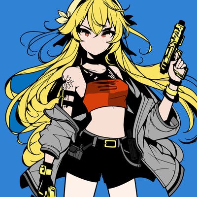 bad girl wearing crop top holding a gun long hair anime