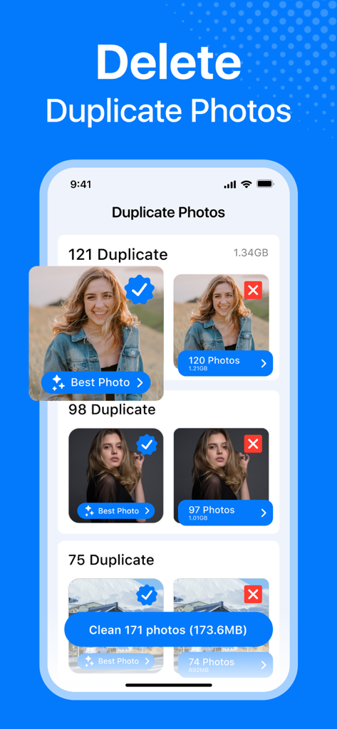 Cleaner: Phone Cleaning App - Interface of the Cleaner app showing the duplicate photo removal feature to free up storage space.