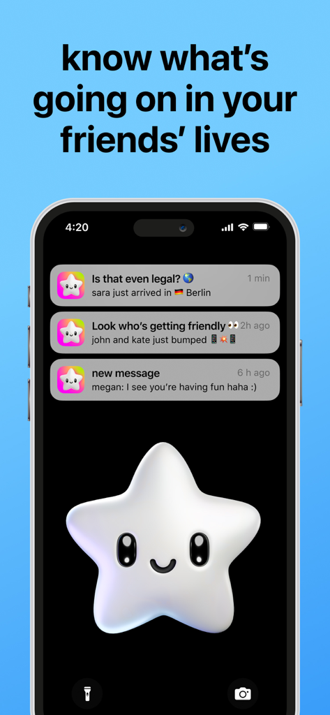 Smartphone screen showing social notifications from the Blink app about friends' locations and activities